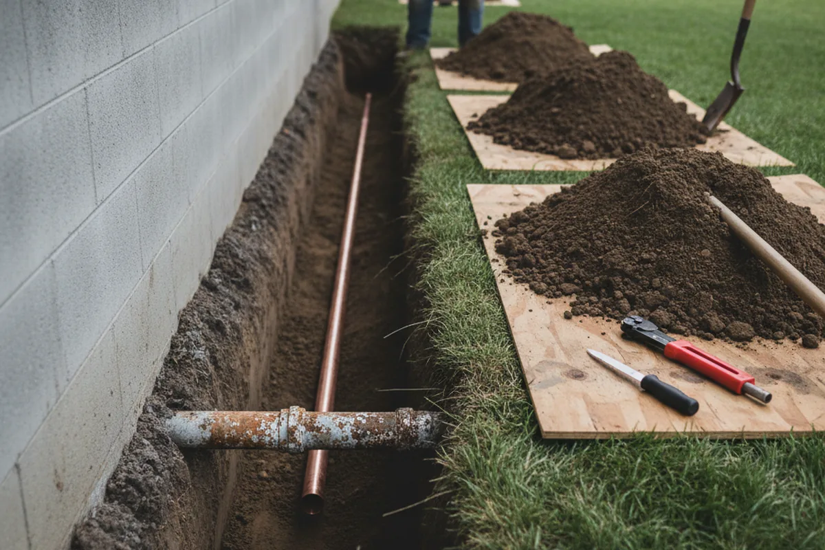 Excavated water line trench during Sewer Line Repair in Viola